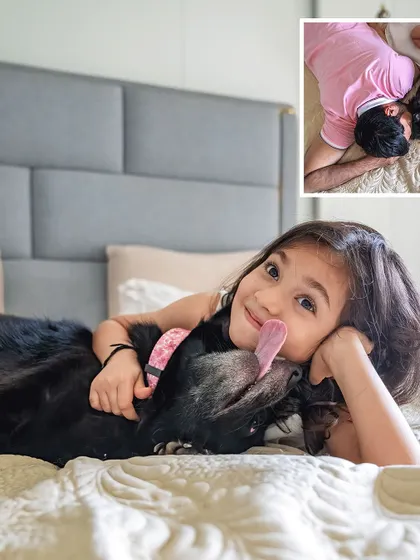 A collage showing a girl sharing a kiss with her dog, a perfect example of the love between a child and their pet.