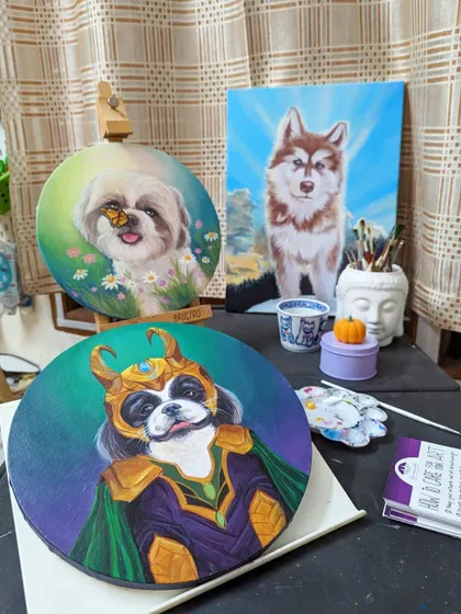 A collection of some of my favorite custom pet portraits on canvas. I love capturing the unique spirit of each animal, whether it's a majestic husky or a playful pup with a butterfly.
