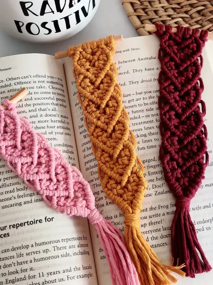 My heart-patterned macrame bookmarks are part of my Valentine's collection but make a lovely gift year-round. They come in pink, mustard, and maroon.