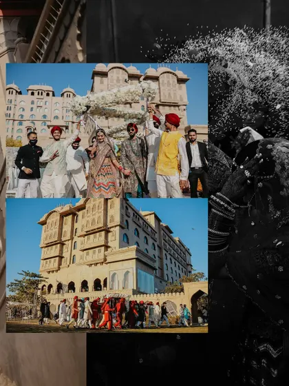 A collage capturing the energy of a Jaipur palace wedding. The grand Baraat procession against the stunning architecture tells a story of royal celebration.