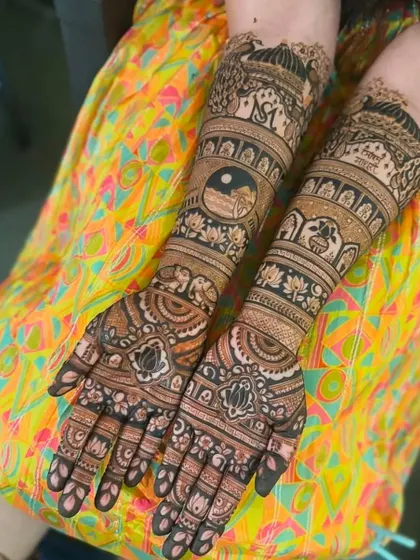 A unique design incorporating a yin-yang symbol, surrounded by traditional Indian motifs like elephants and lotuses. I can create custom designs to reflect your personality.