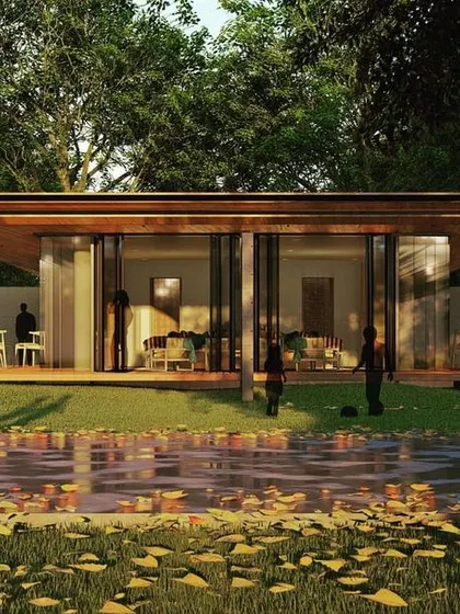 A conceptual visualization of the farmhouse, showing how the design interacts with a natural, reflective water body and surrounding trees.