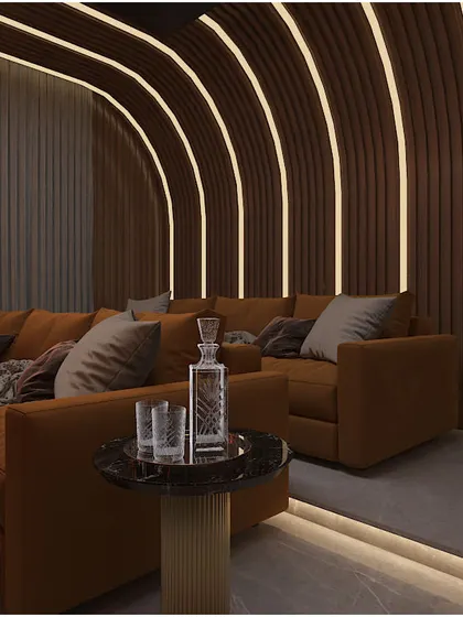 Another view of the home theater concept, emphasizing the cozy and luxurious atmosphere created by the lighting and textures.