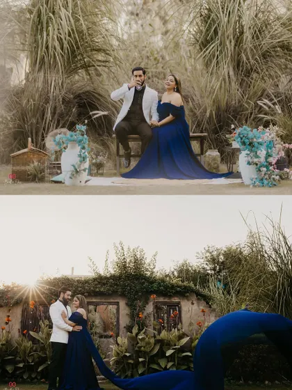 A glamorous outdoor set with a flowing blue gown, creating a dramatic and high-fashion look.