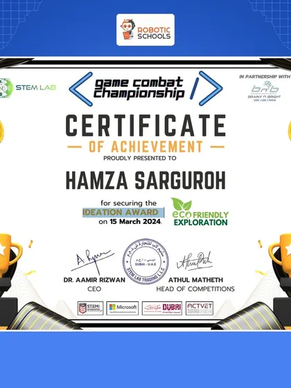 Hamza Sarguroh earned the Ideation Award at the International Code Combat Championship for his eco-friendly game coded in Scratch. We guide students to not only code but to think creatively about real-world themes.