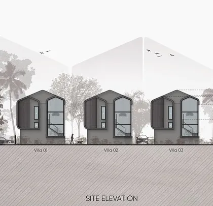A site elevation drawing for the Vagator Villas. This type of drawing helps us study the rhythm and repetition of the modular homes, ensuring the overall composition is harmonious while allowing each villa its own identity.