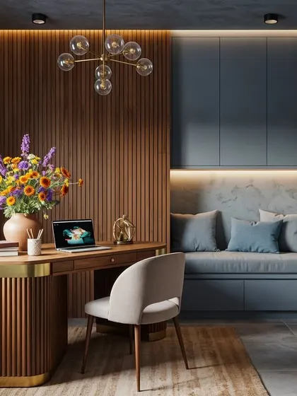 A concept for a luxurious home office in shades of blue and warm wood. The fluted desk and built-in seating nook create a space that is designed for focus, comfort, and strength.