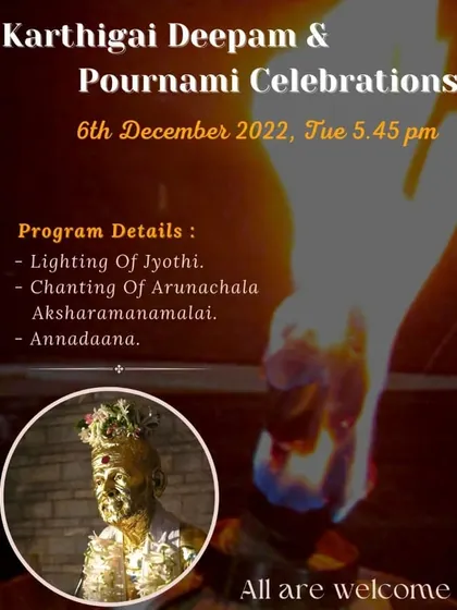 A fiery and evocative poster for our combined Karthigai Deepam and Pournami celebrations. The image of the great flame signifies the light of awareness, a central theme of the festival.
