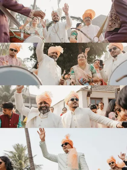 A collage of the joyful and energetic Baraat procession, with family and friends dancing in celebration.