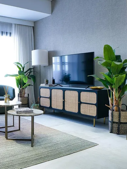 A sleek and modern living room with a custom TV console featuring cane-fronted cabinets. The room is styled with clean lines, abundant greenery, and a large floor lamp for soft, ambient lighting.