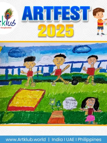 A playful scene drawn by a junior artist, possibly depicting a game of kho-kho or tag in a park. The speech bubbles add a narrative element to the artwork.