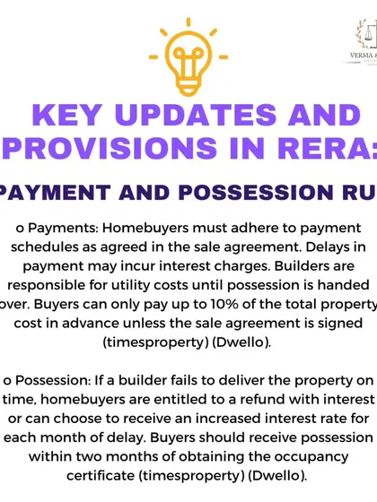 Understanding the rules around payment and possession is crucial. This graphic outlines your obligations as a homebuyer to adhere to payment schedules and the builder's responsibility for costs until handover. It also details your rights to a refund or interest if the builder fails to deliver the property on time.