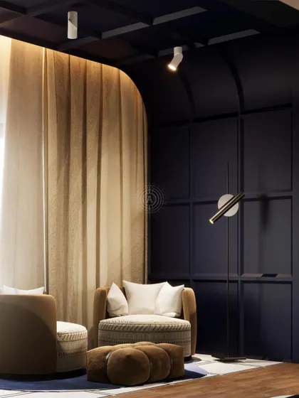 A render of an intimate seating area in the Kolkata master bedroom, featuring a deep blue coffered ceiling and wall paneling to create a cozy, cocoon-like feel.