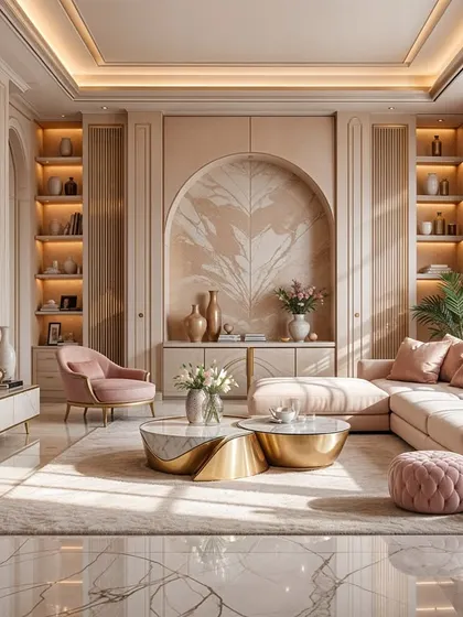 A bright and airy living room where natural light streams in, highlighting the soft pink sofa and gold accents. The arched niche and modern art add a touch of architectural interest.