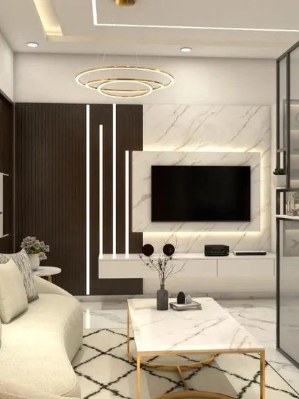 This render shows the living area from another angle, highlighting the curved sofa and the interplay of different textures and lighting. This is part of the planning process to ensure every detail is perfect.