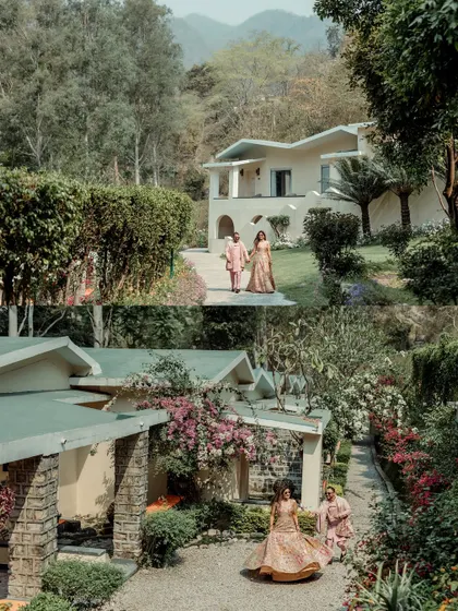 A collage showing the couple strolling through the beautiful, green landscape of their destination shoot location. This gives a sense of the environment and the variety of scenic spots we can use for your photos.