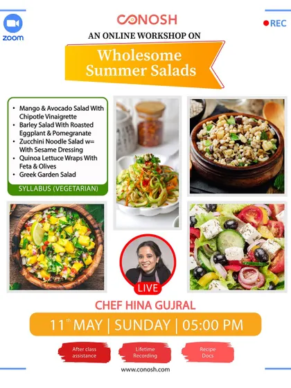 My Wholesome Summer Salads workshop is perfect for light and refreshing meals. Learn to make a Mango & Avocado Salad, Barley Salad with Roasted Eggplant, and Quinoa Lettuce Wraps.