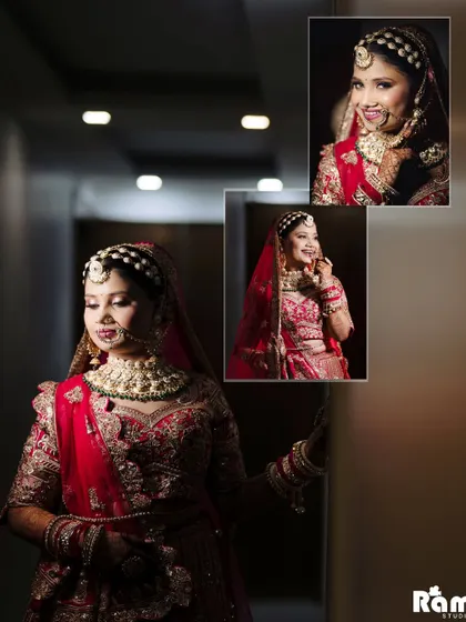 A collage of the bride's portraits in a hallway, using creative composition to highlight her joyful expressions and beautiful attire.