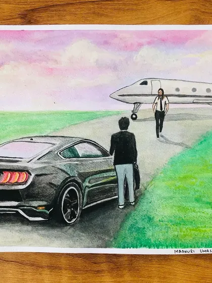 A client commissioned this piece to bring their dream to life on paper. This watercolor painting captures a scene with a car, a private jet, and a couple, turning a personal aspiration into a visual story.