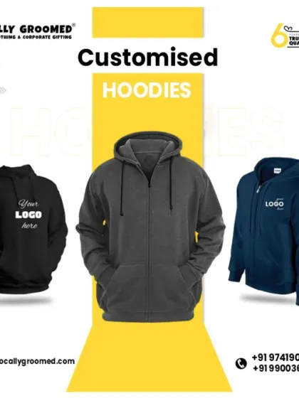 A promotional image featuring our customized hoodies. It displays pullover and zip-up styles in different colors, showing how you can add your logo to create branded apparel for your team.