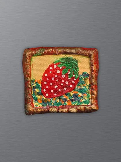 A sweet, retro-style strawberry magnet to brighten your kitchen. I use thick acrylics to give the texture of the fruit a tactile feel, all framed in a hand-molded clay border.