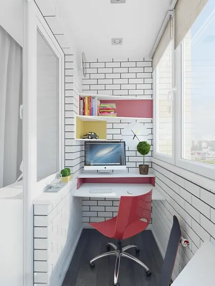 This vibrant balcony office uses pops of color in the shelving and chair to create a fun and energetic workspace. The white brick wall keeps the small space feeling bright and open.