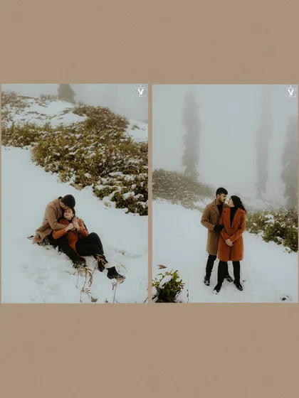 A two-panel collage showing a couple enjoying the snow, with one frame of them sitting together and another of them sharing a close, intimate moment.