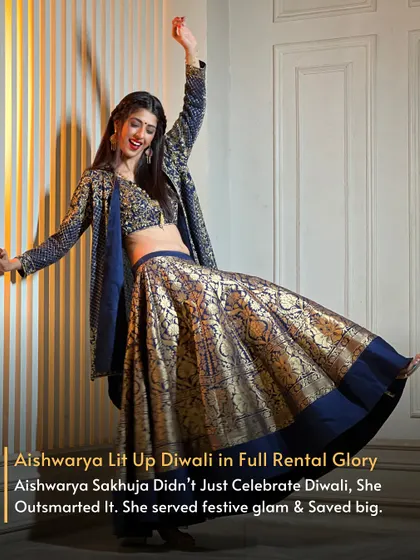 Aishwarya Sakhuja lit up Diwali in full rental glory. She served festive glam and saved big by choosing to rent this beautiful Rabani & Rakha lehenga.