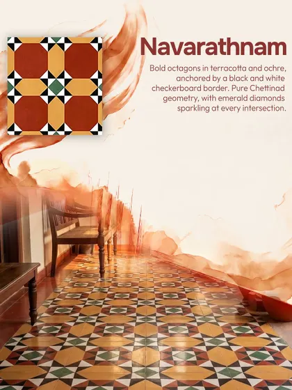 The 'Navarathnam' pattern is pure Chettinad geometry. It features bold octagons in terracotta and ochre, anchored by a black and white checkerboard border with sparkling emerald diamonds at every intersection.