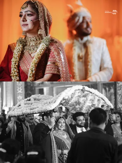 An emotional moment for the bride during the ceremony, contrasted with her joyful entry under a floral umbrella. This collage tells a story of the sentimental and happy aspects of a wedding.