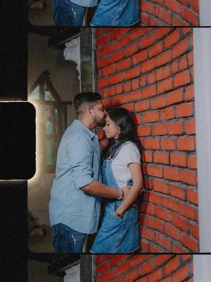 An intimate pre-wedding moment framed with a vintage film border.