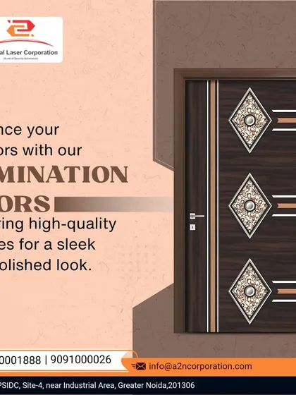This lamination door features a dark wood grain finish with inlaid silver and gold-toned geometric patterns. It offers a sleek, polished look that is both scratch-resistant and easy to maintain, perfect for contemporary interiors.