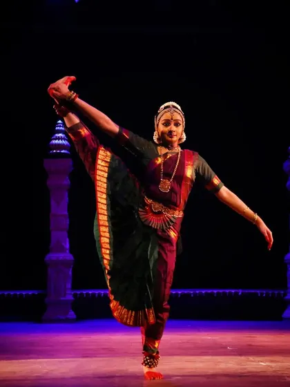 Another view of a challenging posture from the Antaranga 2024 performance. Such movements are part of the advanced vocabulary of Bharatanatyam that students can aspire to master over time.