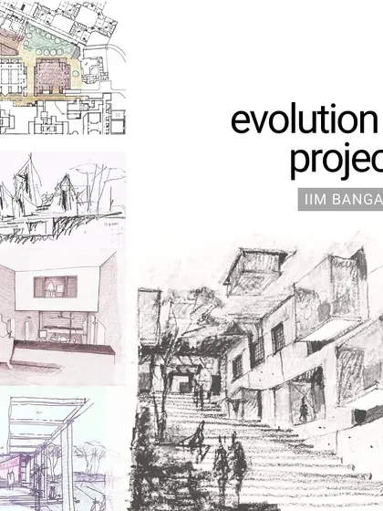 A collage showing the evolution of our projects at IIM Bangalore, from initial concept sketches to site plans and interior views.