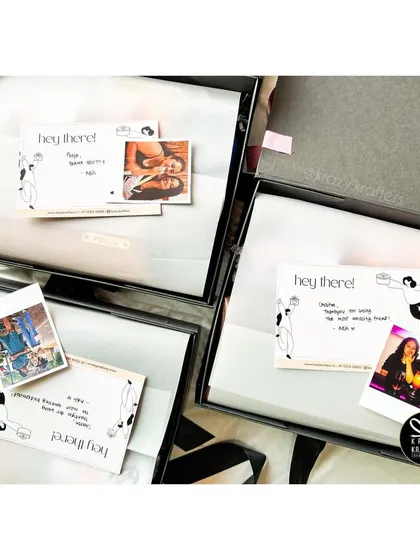 The personal touch that matters. We add handwritten notes and polaroid photos to our bridesmaid thank you hampers to make them extra special.