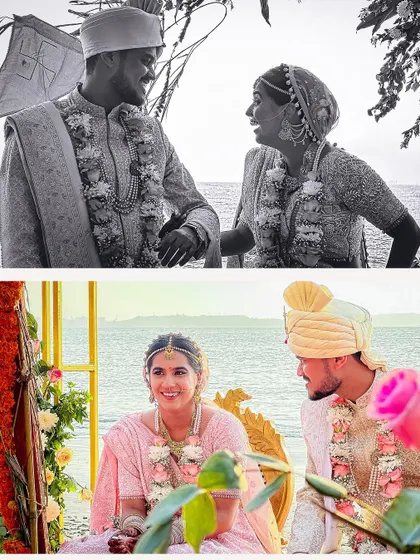 A collage of the couple's candid interactions during their beach wedding ceremony in Goa.