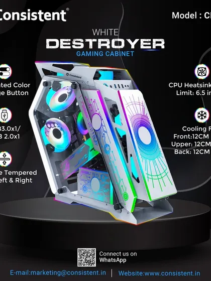 Make a statement with the White Destroyer gaming cabinet. This unique open-look case features tempered glass on both sides, a dedicated color change button for its included RGB fans, and excellent airflow design for Micro ATX and Mini-ITX builds.