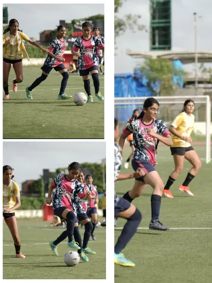 A collage of our U16 girls in the heat of the action at the SIS Powerplay tournament. These images capture the intensity and skill involved in competitive 5v5 football.