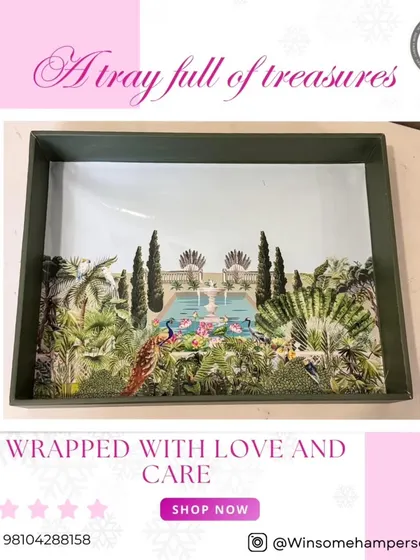 It all starts with a beautiful base. This tray with an elegant garden print serves as the foundation for many of my custom hampers.