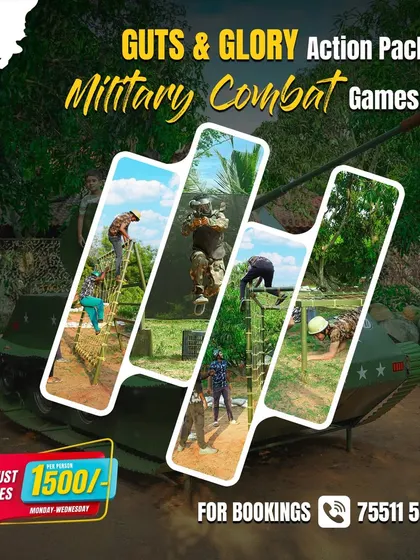 Our Guts & Glory military combat games are action-packed and designed to enhance leadership skills. This collage shows various challenges within the combat arena.