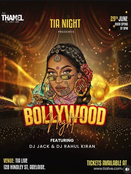 Another vibrant poster for a Bollywood night at TIA Live. The artwork reflects the modern, stylish desi vibe I bring to my events.
