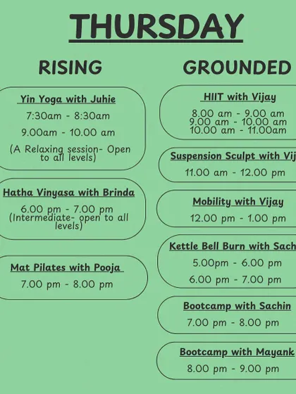 The Thursday schedule at Rising Loka, with a mix of relaxing Yin Yoga, intense HIIT, Mat Pilates, and Kettle Bell Burn.