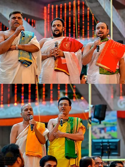 A collage showing our priests chanting into microphones during the Maha Sudarshan Homa, ensuring the sacred vibrations reach every corner of the hall and beyond.
