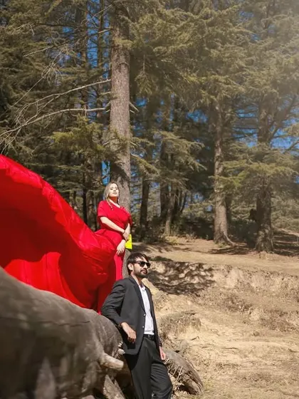 An artistic shot of a woman in a long red trail gown standing on a log, creating a powerful and elegant image against the forest backdrop.