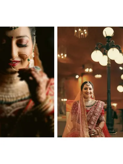 A diptych of bridal portraits, one a close-up with dramatic shadows and the other a full shot in a beautifully lit hall. This shows the variety of portrait styles I offer.