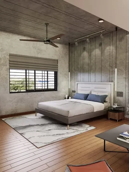 A wide view of the bachelor pad bedroom, showing the complete layout.