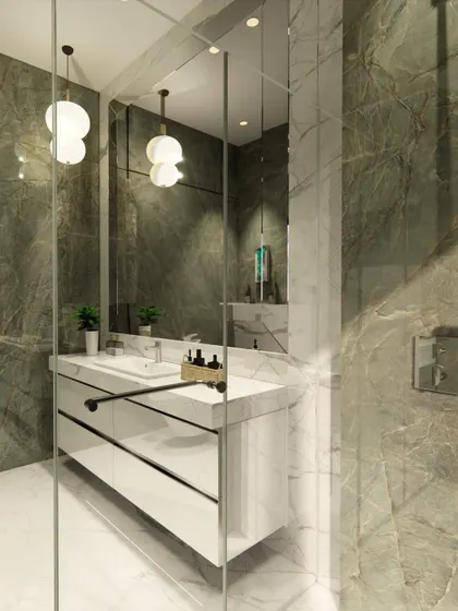 Another render of the Topaz Bathroom, this time from a different angle, focusing on the shower enclosure and the reflection in the large mirror. These details are crucial for getting the spatial quality just right.