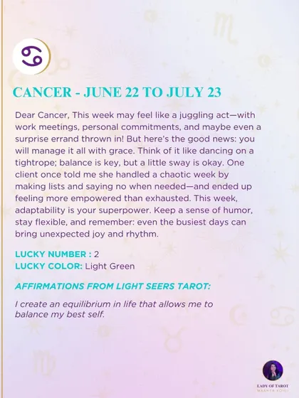 A weekly tarot prediction for Cancer. This week may feel like a juggling act. Think of it like dancing on a tightrope; balance is key, but a little sway is okay.