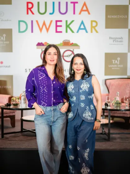 Documenting the launch of Rujuta Diwekar's book with Kareena Kapoor was about capturing the synergy between two powerful women. This shot shows their shared warmth and professional rapport on stage, a key moment for the brand's story.