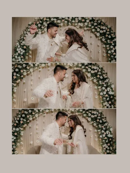 A fun and energetic collage of the couple dancing and celebrating after their engagement. It shows that beyond the romance, their relationship is full of joy.